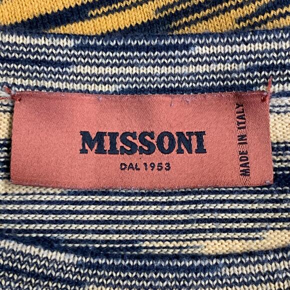 MISSONI Size XL Yellow Navy Stripe Cotton Knit Crew Neck T-Shirt - Picture 4 of 6